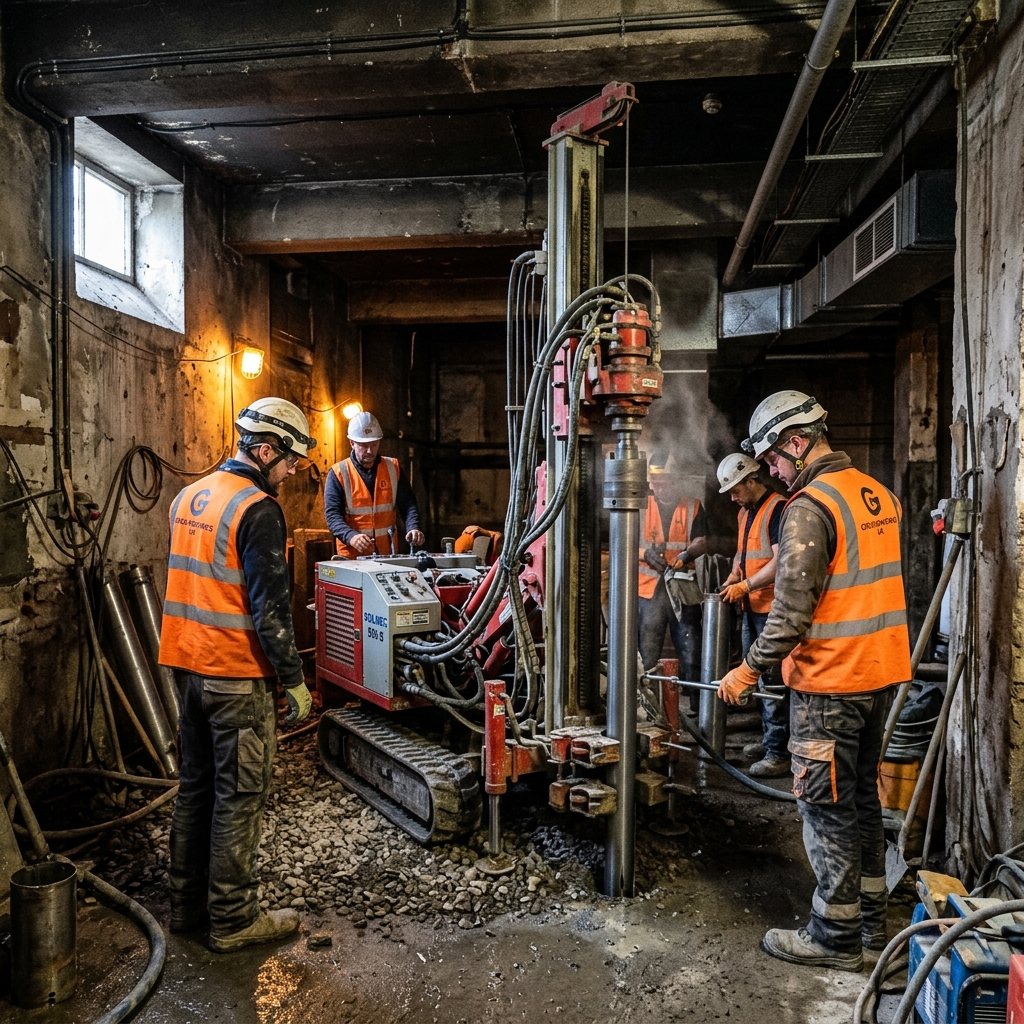 Realizace mikropilot — vrtná souprava v podzemním objektu