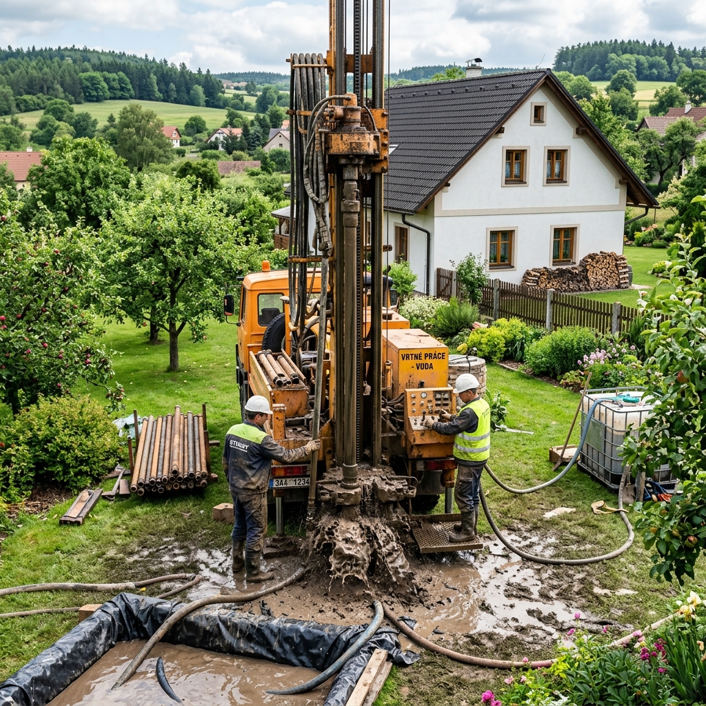 Vrtání studny u rodinného domu — průběh prací